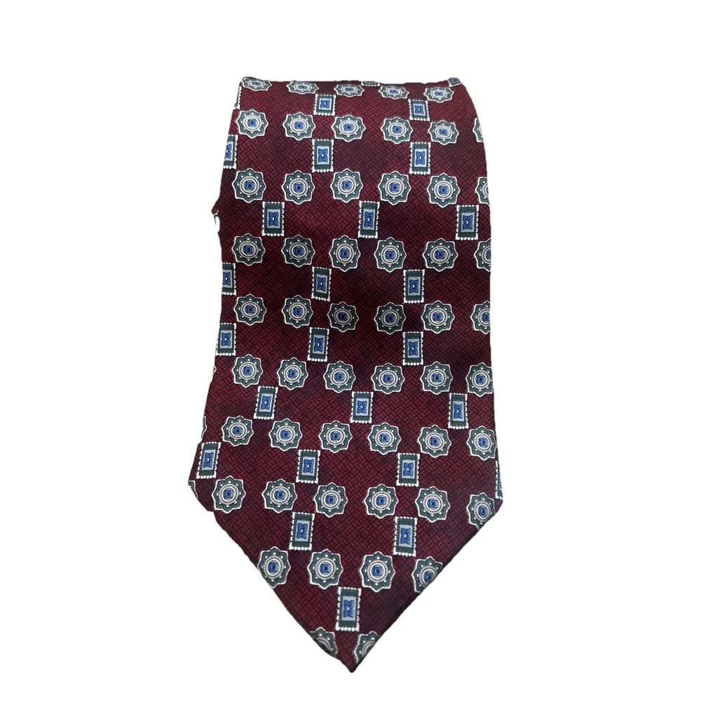 Halston Men's Vintage Burgundy/Green/Blue 100% Silk Tie Classic Geometric